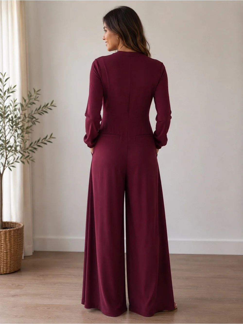HALARA Burgundy Long-Sleeve Wide-Leg Jumpsuit - Picture 3 of 4